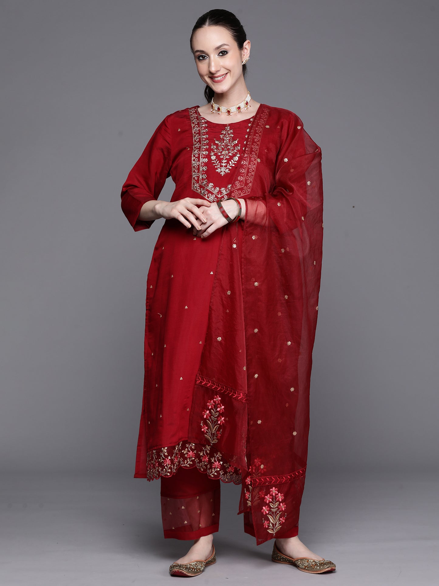 IE Maroon Embroidered Ethnic Straight Kurta Trousers With Dupatta Set