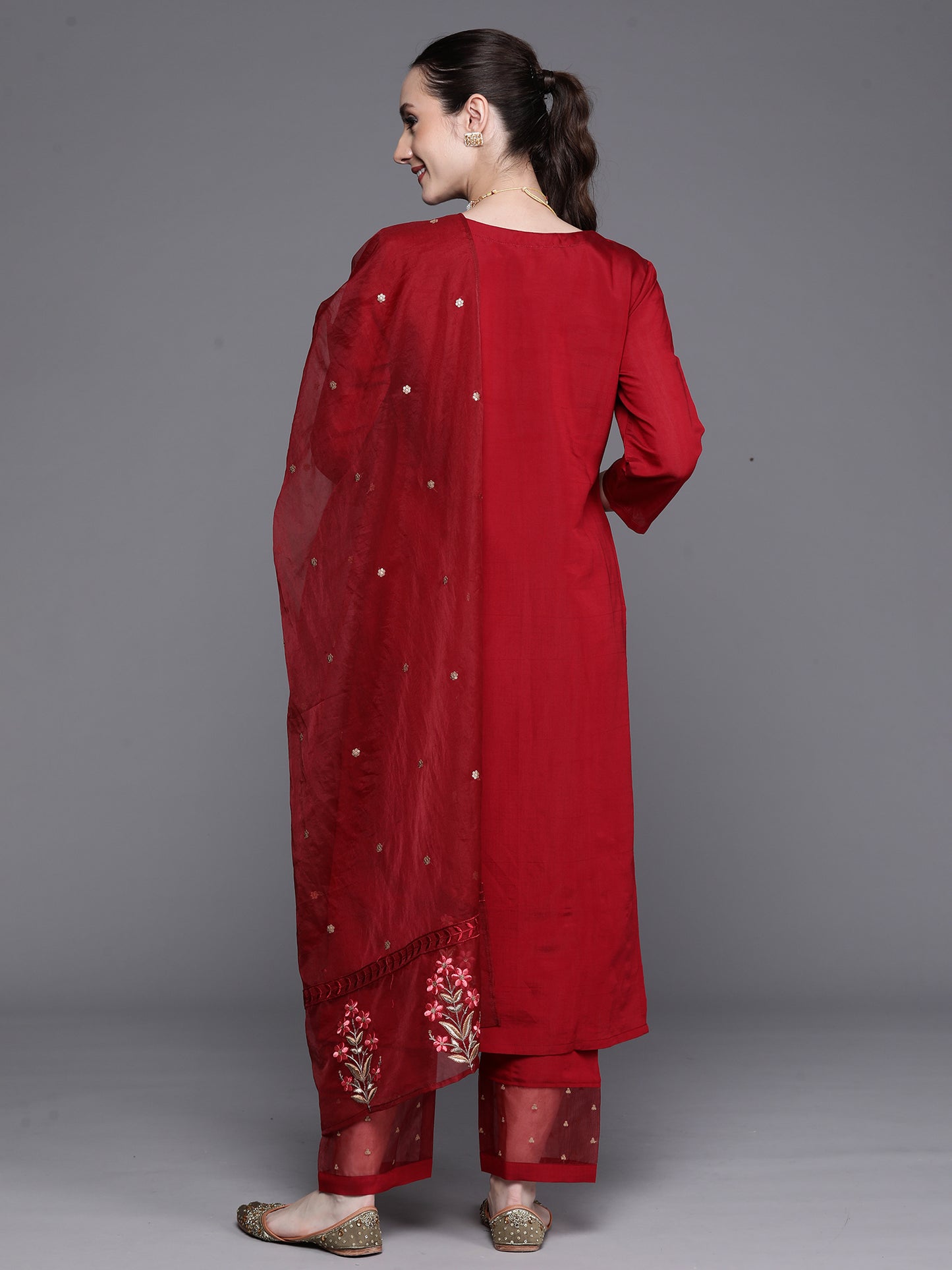 IE Maroon Embroidered Ethnic Straight Kurta Trousers With Dupatta Set