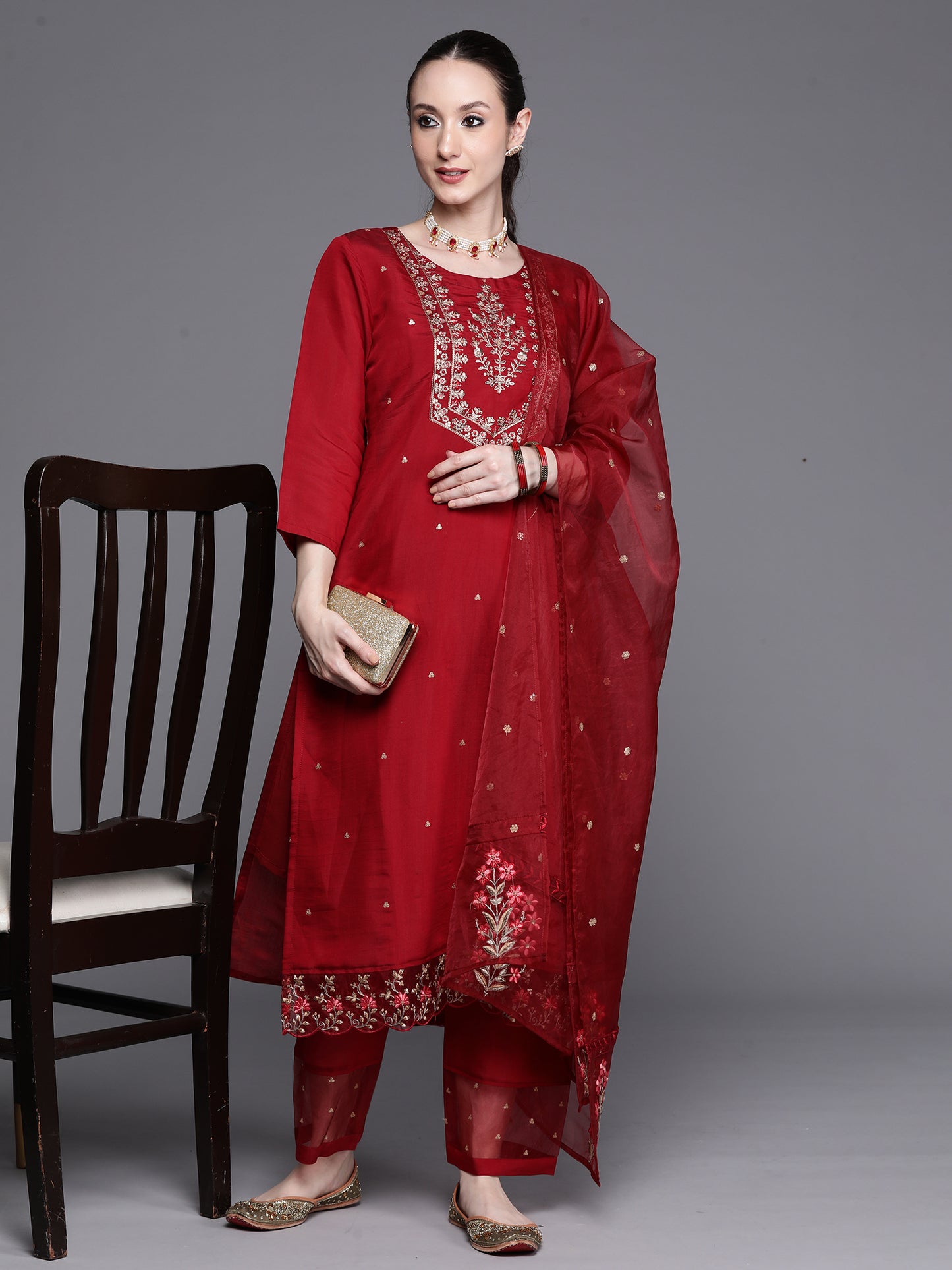 IE Maroon Embroidered Ethnic Straight Kurta Trousers With Dupatta Set