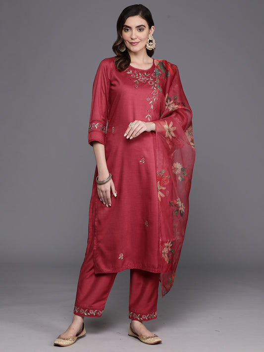 IE Maroon Embroidered Straight Kurta Trousers With Dupatta Set