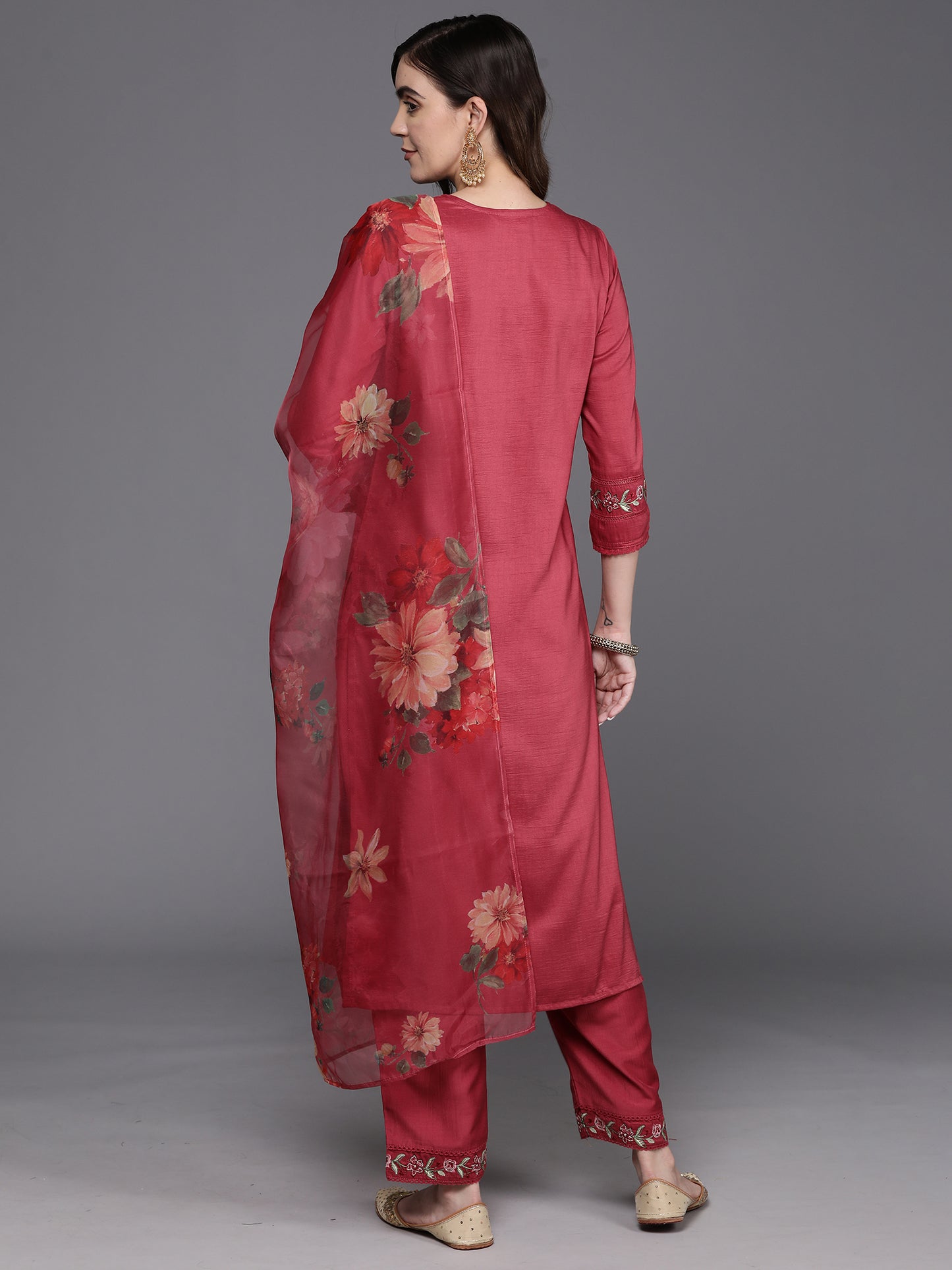 IE Maroon Embroidered Straight Kurta Trousers With Dupatta Set