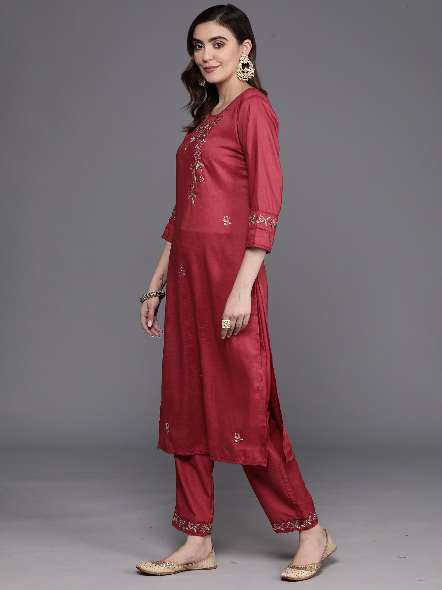 IE Maroon Embroidered Straight Kurta Trousers With Dupatta Set