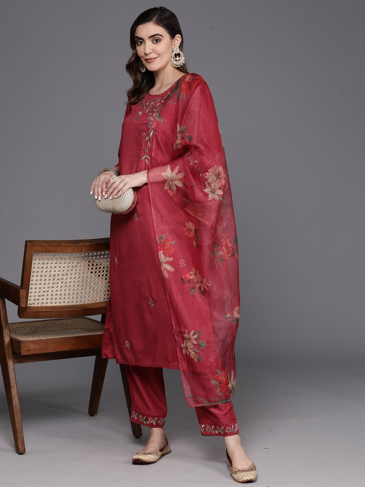 IE Maroon Embroidered Straight Kurta Trousers With Dupatta Set