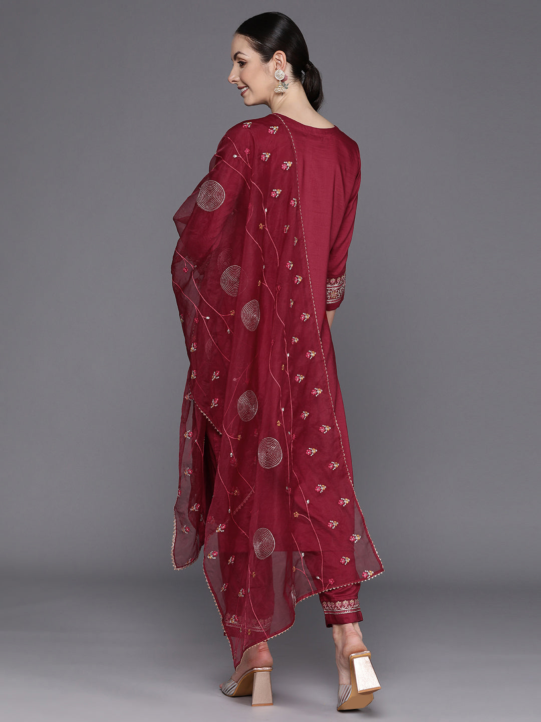 IE Maroon Embroidered Straight Kurta Trousers With Dupatta Set