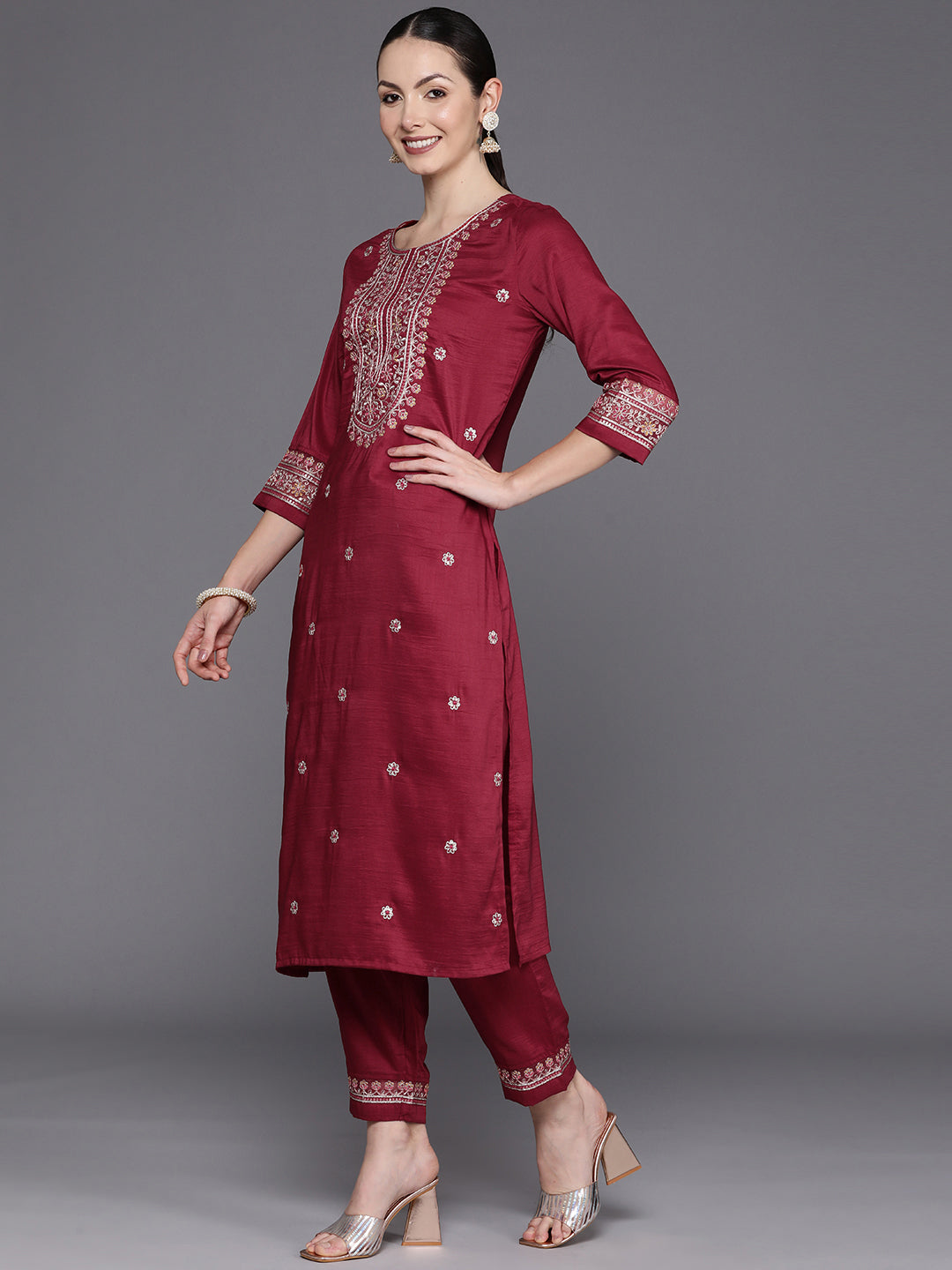 IE Maroon Embroidered Straight Kurta Trousers With Dupatta Set