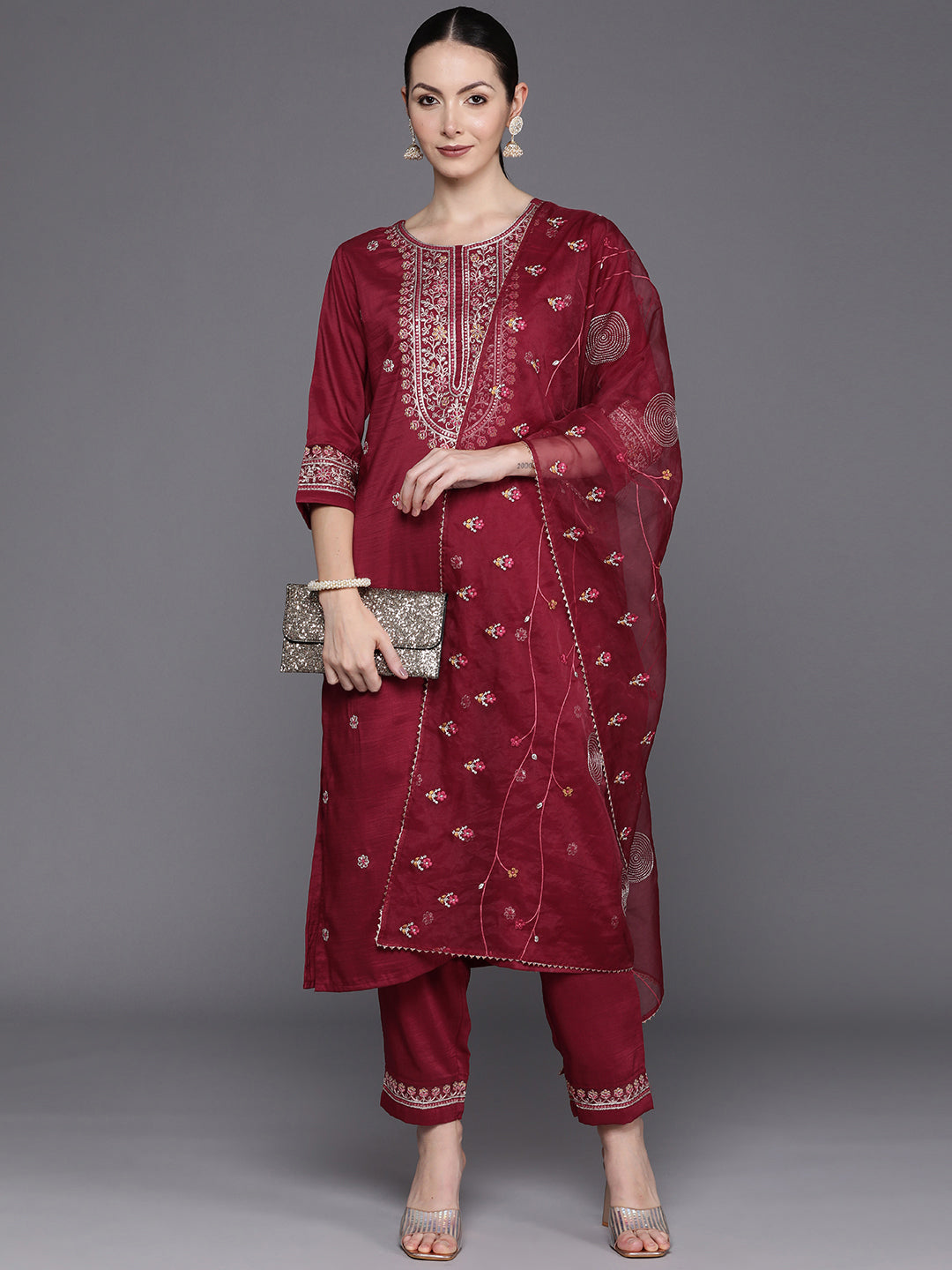 IE Maroon Embroidered Straight Kurta Trousers With Dupatta Set