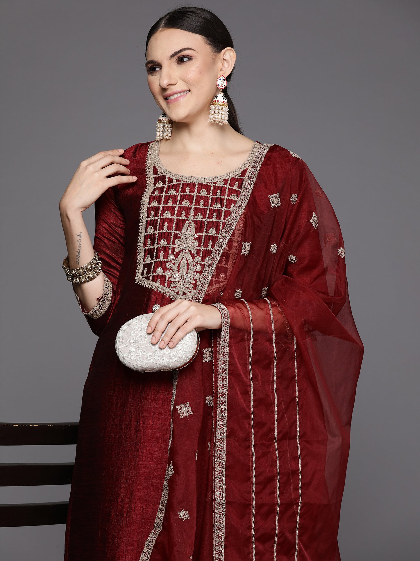 IE Maroon Embroidered Straight Kurta Trousers With Dupatta Set