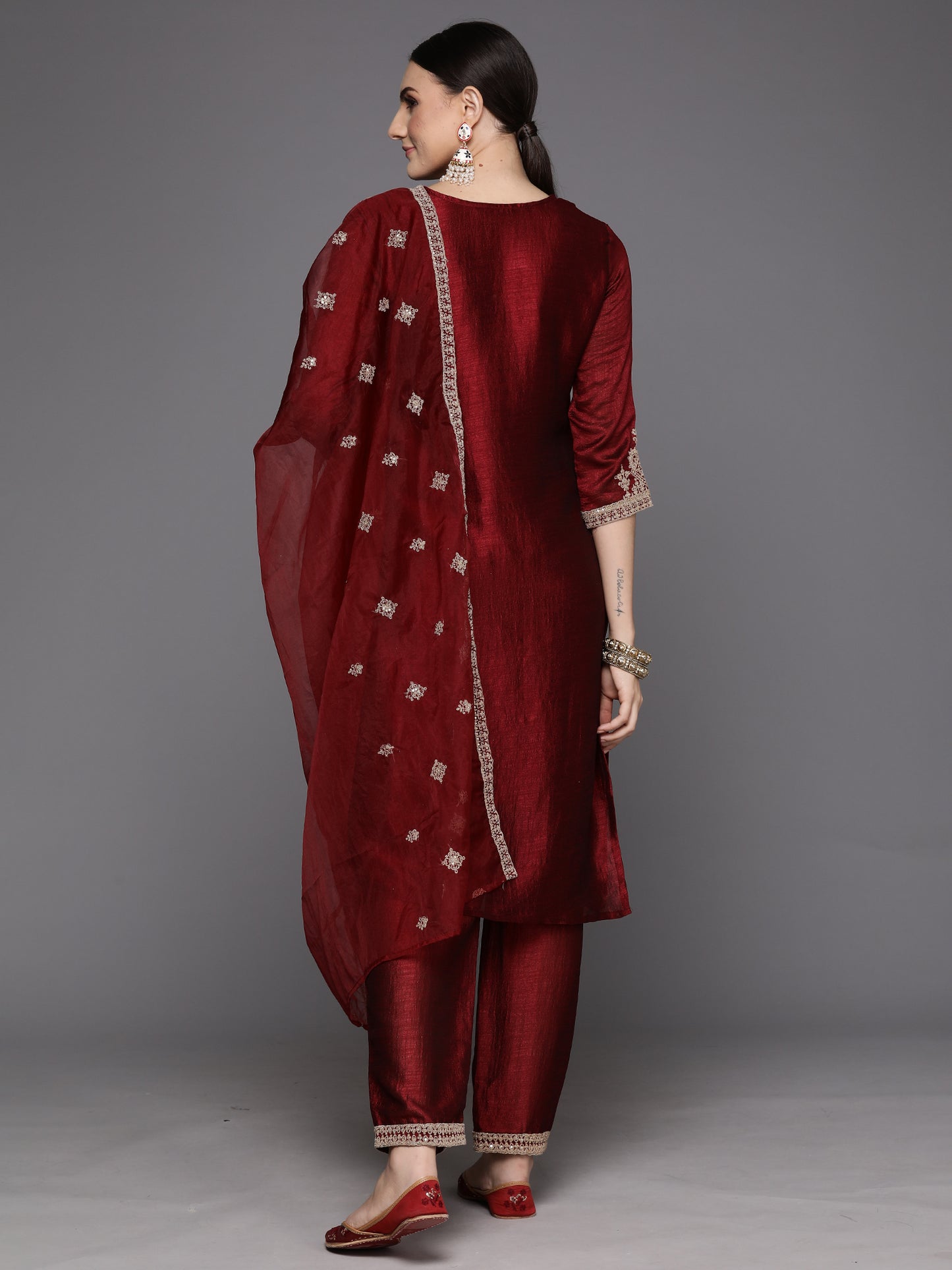 IE Maroon Embroidered Straight Kurta Trousers With Dupatta Set