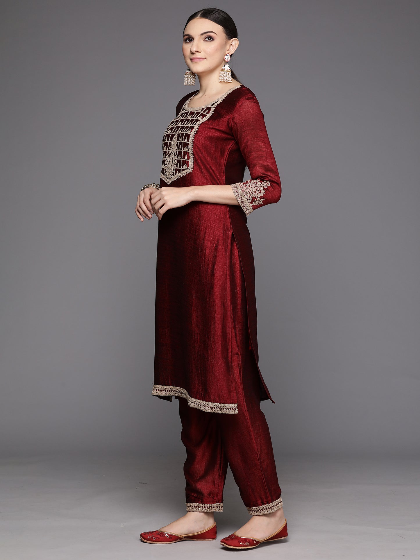 IE Maroon Embroidered Straight Kurta Trousers With Dupatta Set