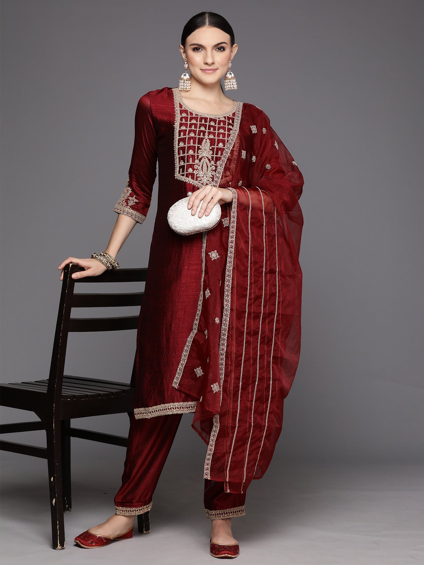 IE Maroon Embroidered Straight Kurta Trousers With Dupatta Set