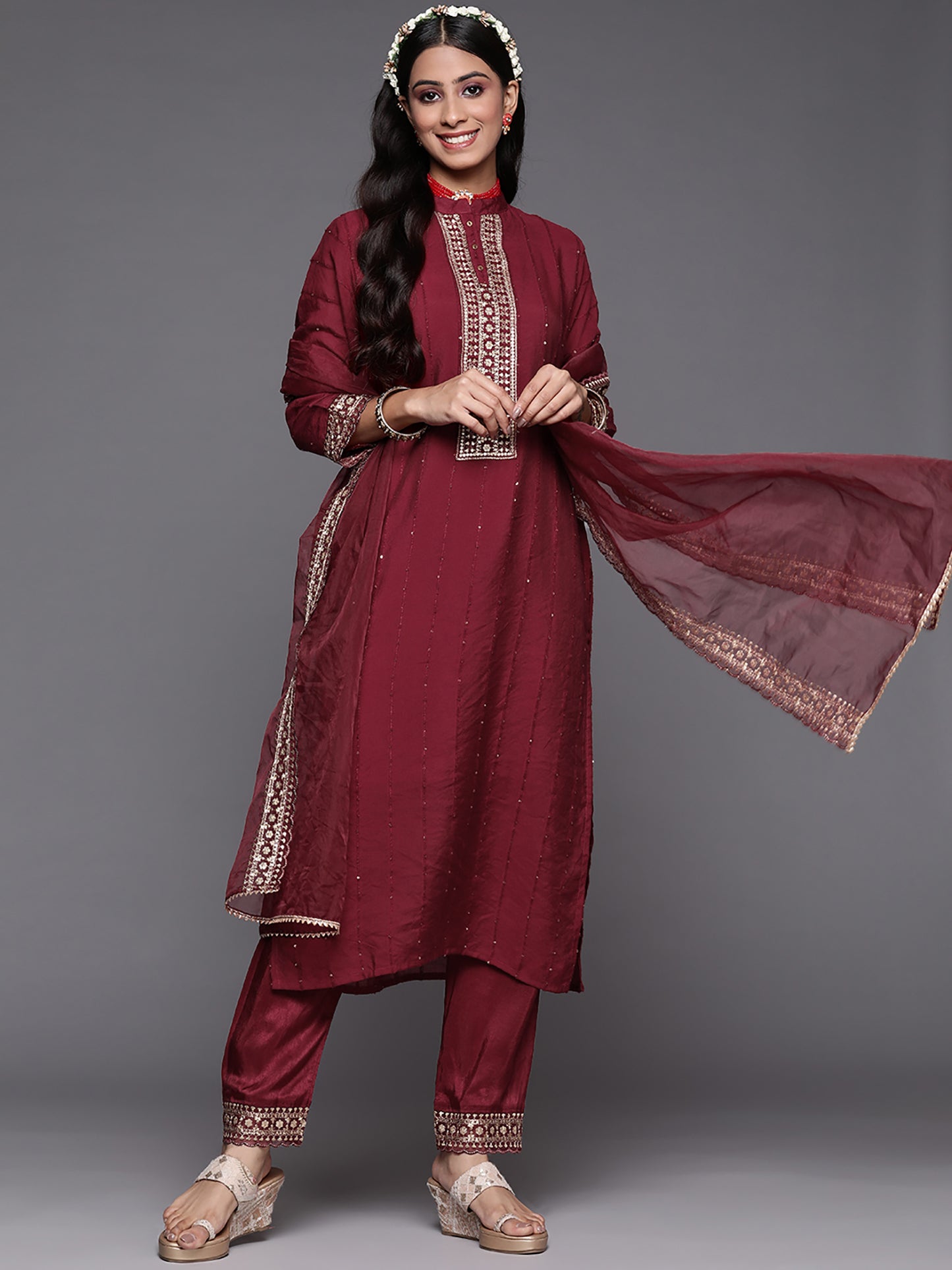 IE Maroon Embroidered Straight Kurta Trousers With Dupatta Set