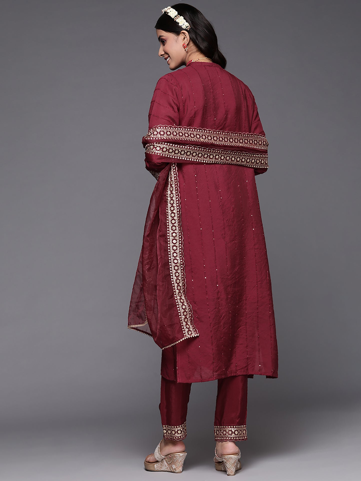 IE Maroon Embroidered Straight Kurta Trousers With Dupatta Set