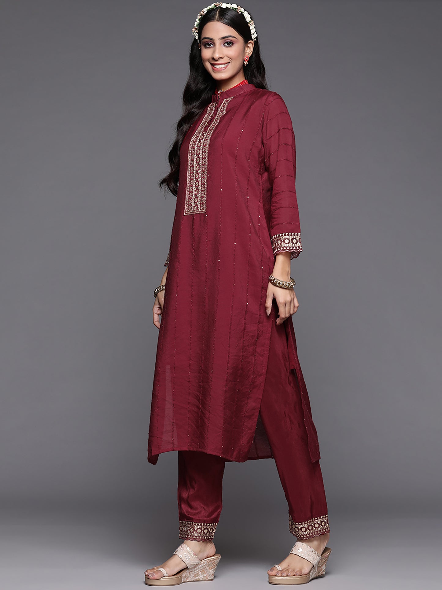 IE Maroon Embroidered Straight Kurta Trousers With Dupatta Set