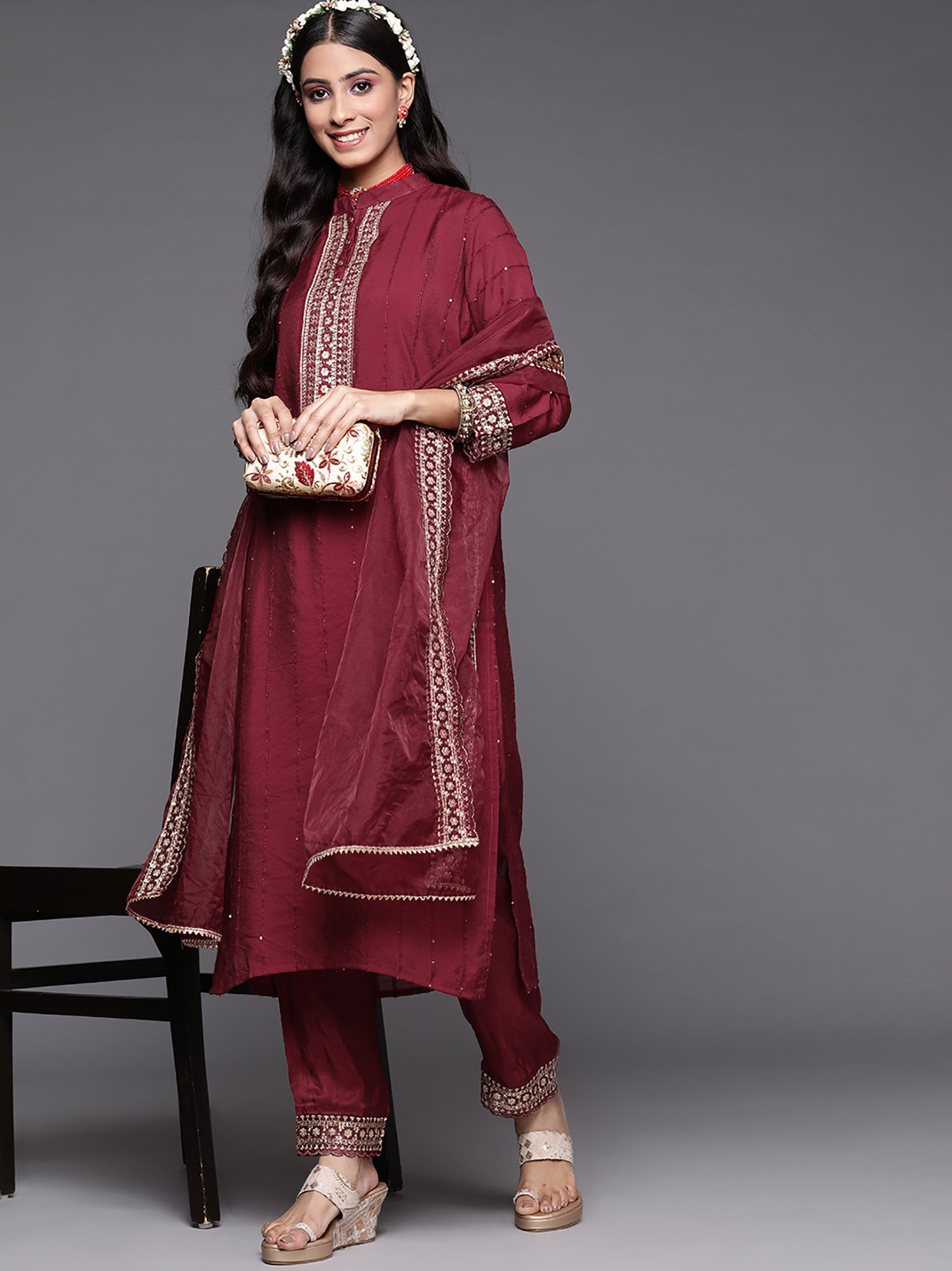 IE Maroon Embroidered Straight Kurta Trousers With Dupatta Set