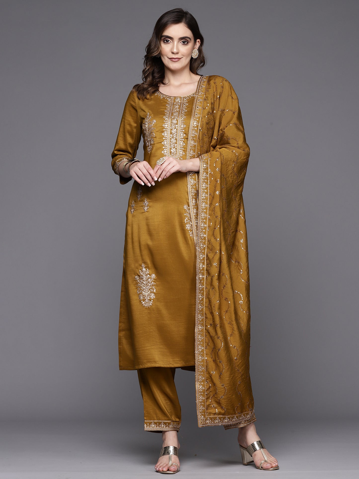 IE Mustard Embroidered Straight Kurta Trousers With Dupatta Set