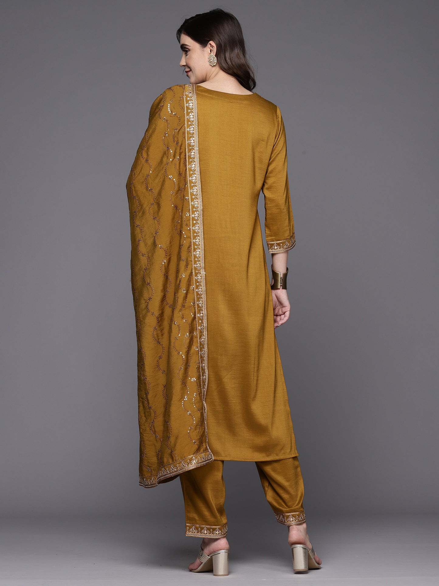 IE Mustard Embroidered Straight Kurta Trousers With Dupatta Set