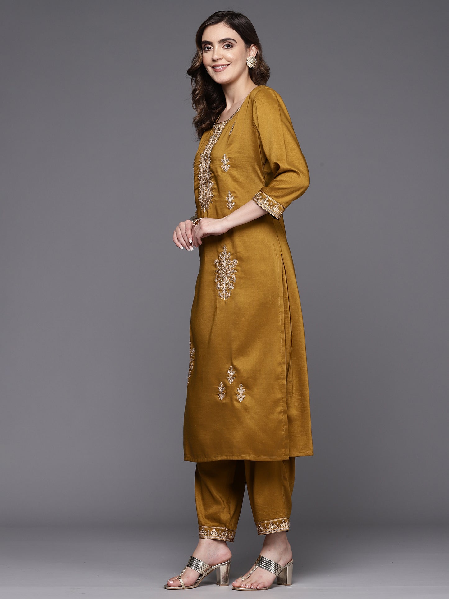 IE Mustard Embroidered Straight Kurta Trousers With Dupatta Set