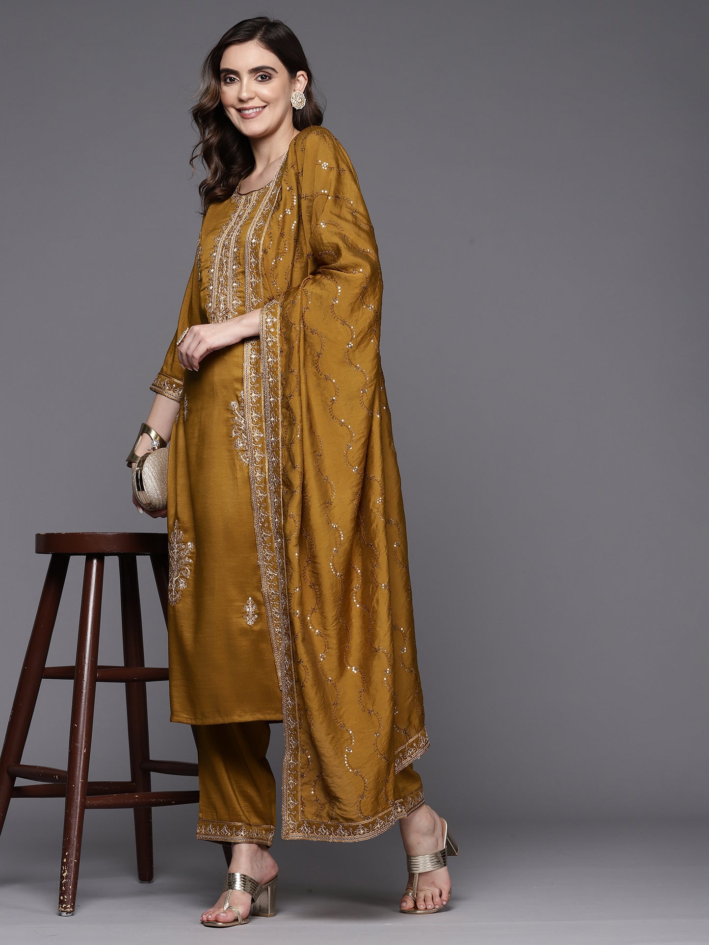 IE Mustard Embroidered Straight Kurta Trousers With Dupatta Set