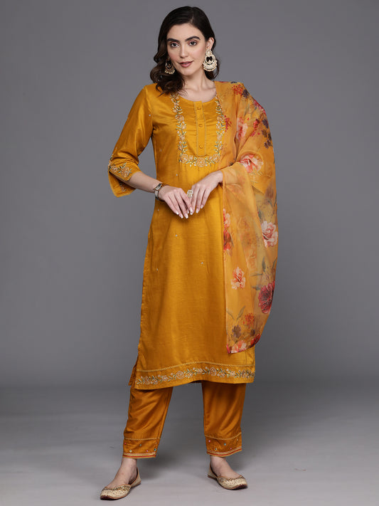 IE Mustard Embroidered Straight Kurta Trousers With Dupatta Set