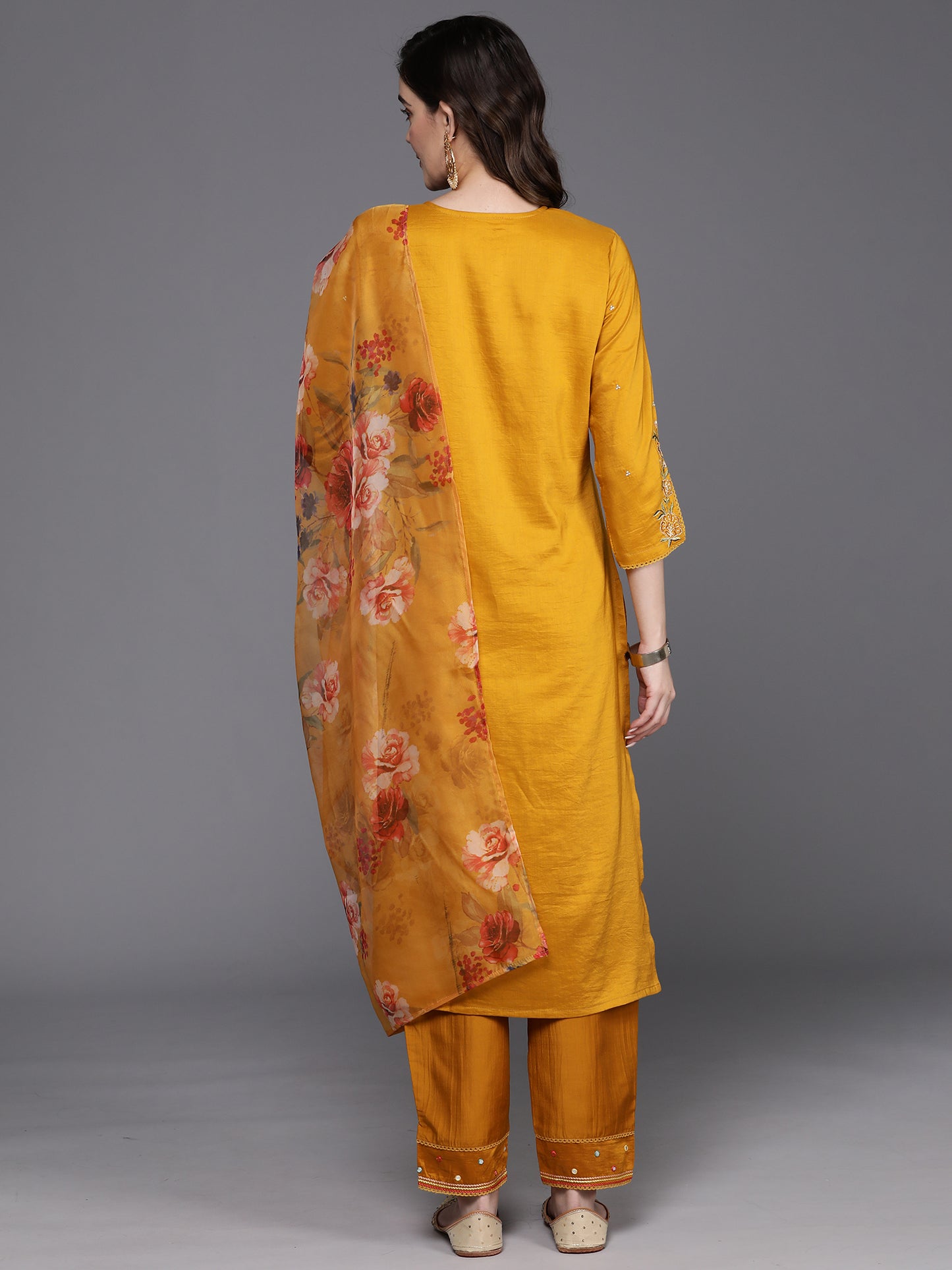 IE Mustard Embroidered Straight Kurta Trousers With Dupatta Set