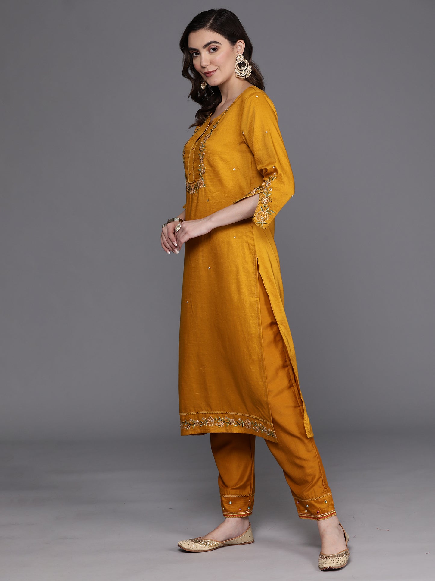 IE Mustard Embroidered Straight Kurta Trousers With Dupatta Set