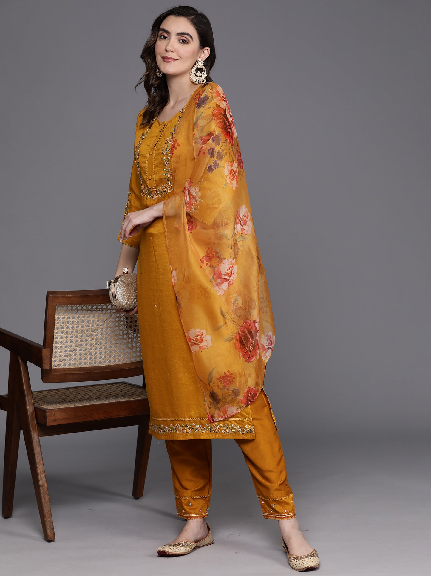 IE Mustard Embroidered Straight Kurta Trousers With Dupatta Set