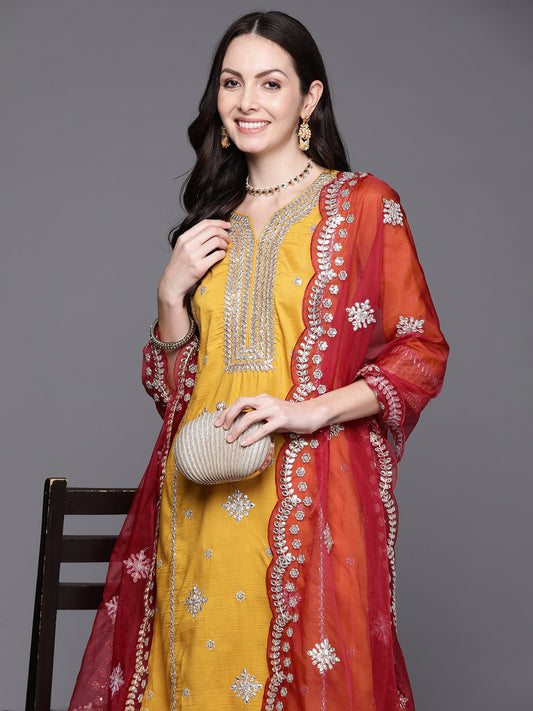 IE Mustard Embroidered Straight Kurta Trousers With Dupatta Set