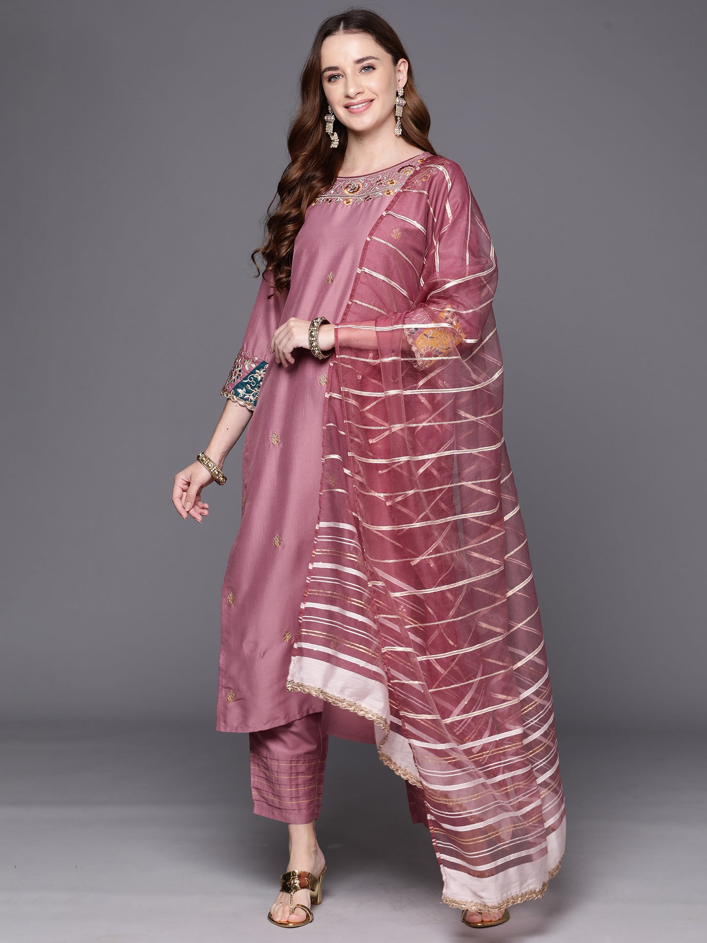 IE Mauve Embroidered Straight Kurta Trousers With Dupatta Set