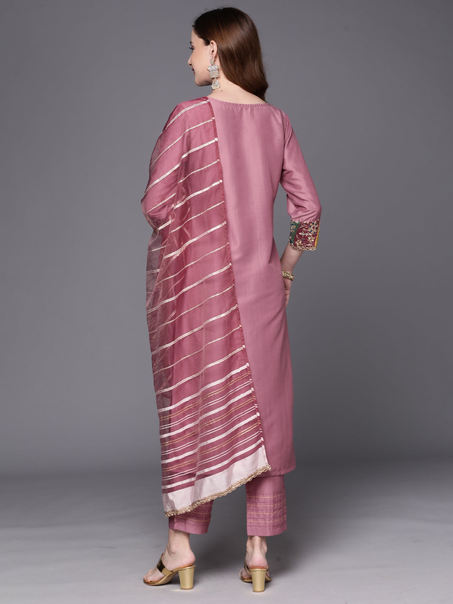 IE Mauve Embroidered Straight Kurta Trousers With Dupatta Set