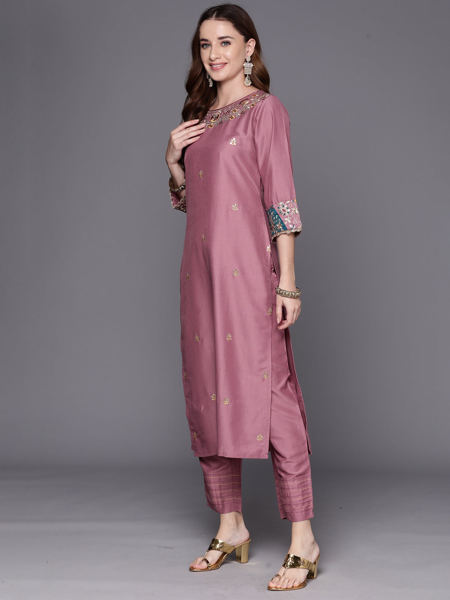 IE Mauve Embroidered Straight Kurta Trousers With Dupatta Set