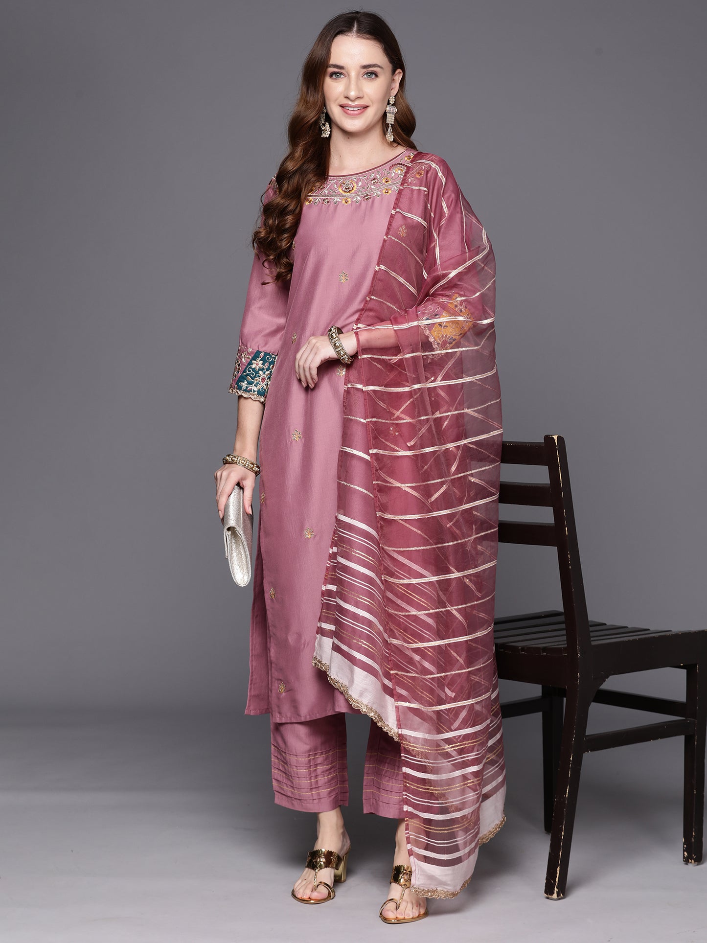 IE Mauve Embroidered Straight Kurta Trousers With Dupatta Set