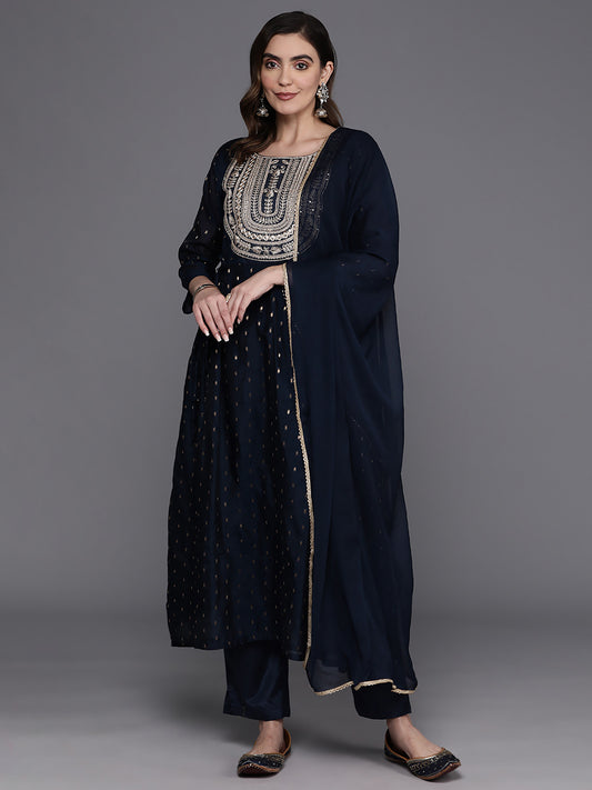 IE Navy Blue Embroidered A-Line Kurta Trousers With Dupatta Set