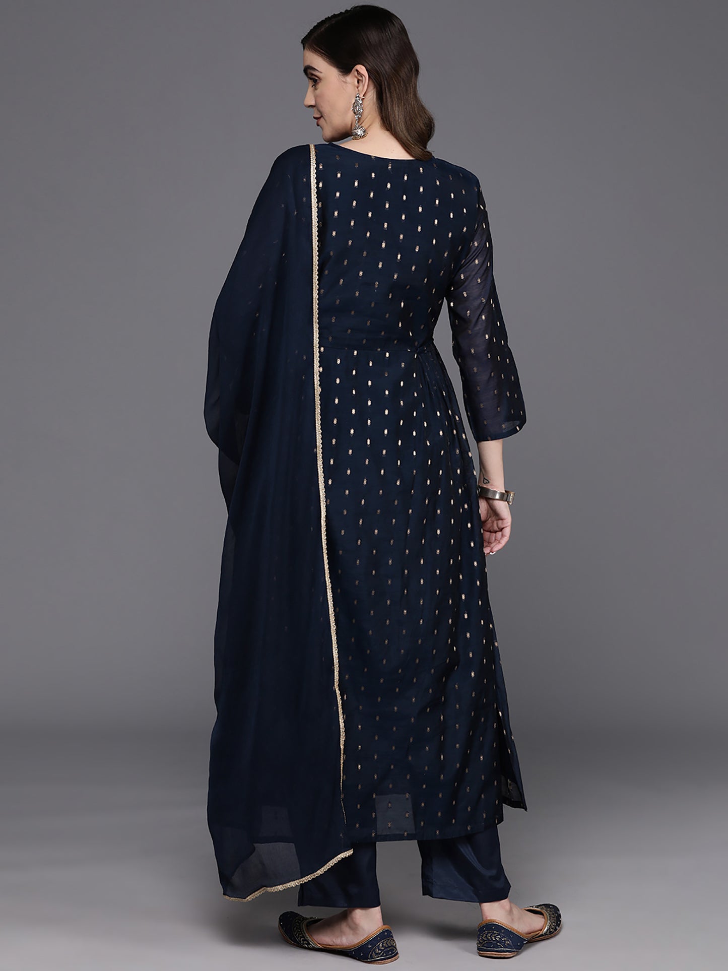 IE Navy Blue Embroidered A-Line Kurta Trousers With Dupatta Set