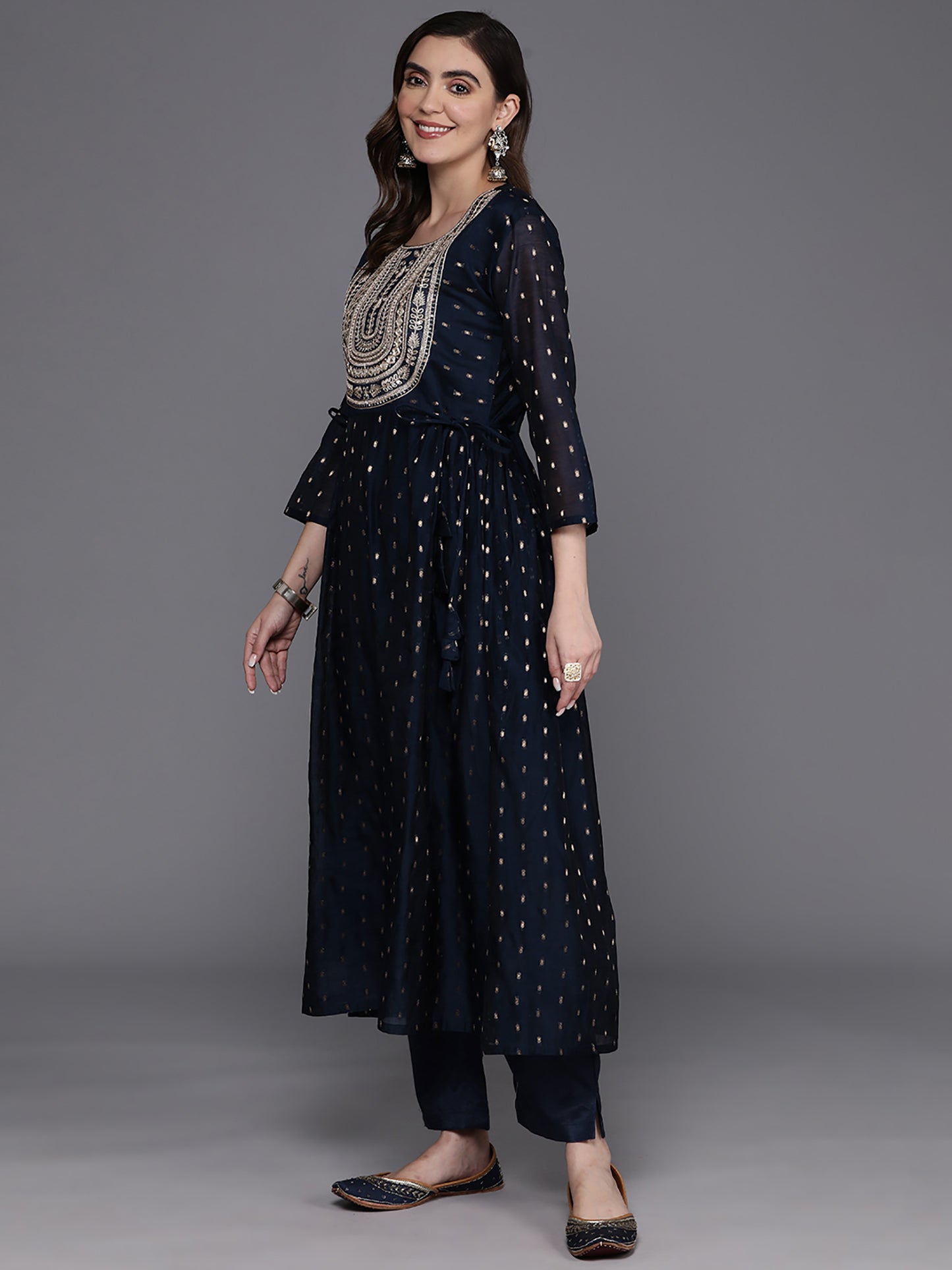 IE Navy Blue Embroidered A-Line Kurta Trousers With Dupatta Set