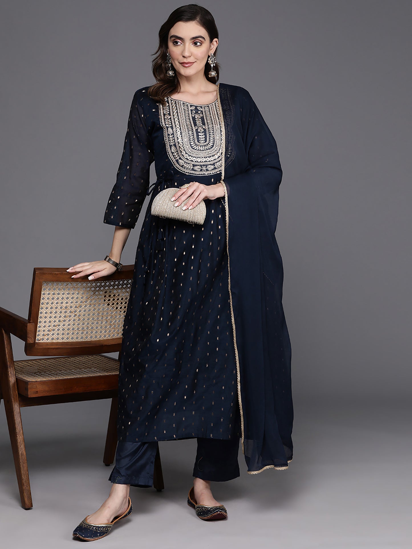 IE Navy Blue Embroidered A-Line Kurta Trousers With Dupatta Set