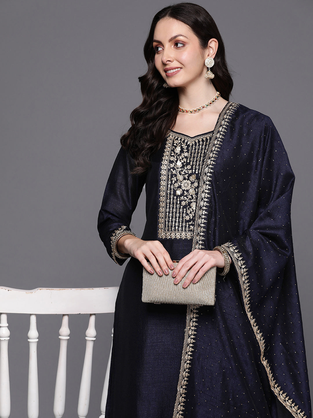 IE Navy Blue Embroidered Straight Kurta Trousers With Dupatta  Set