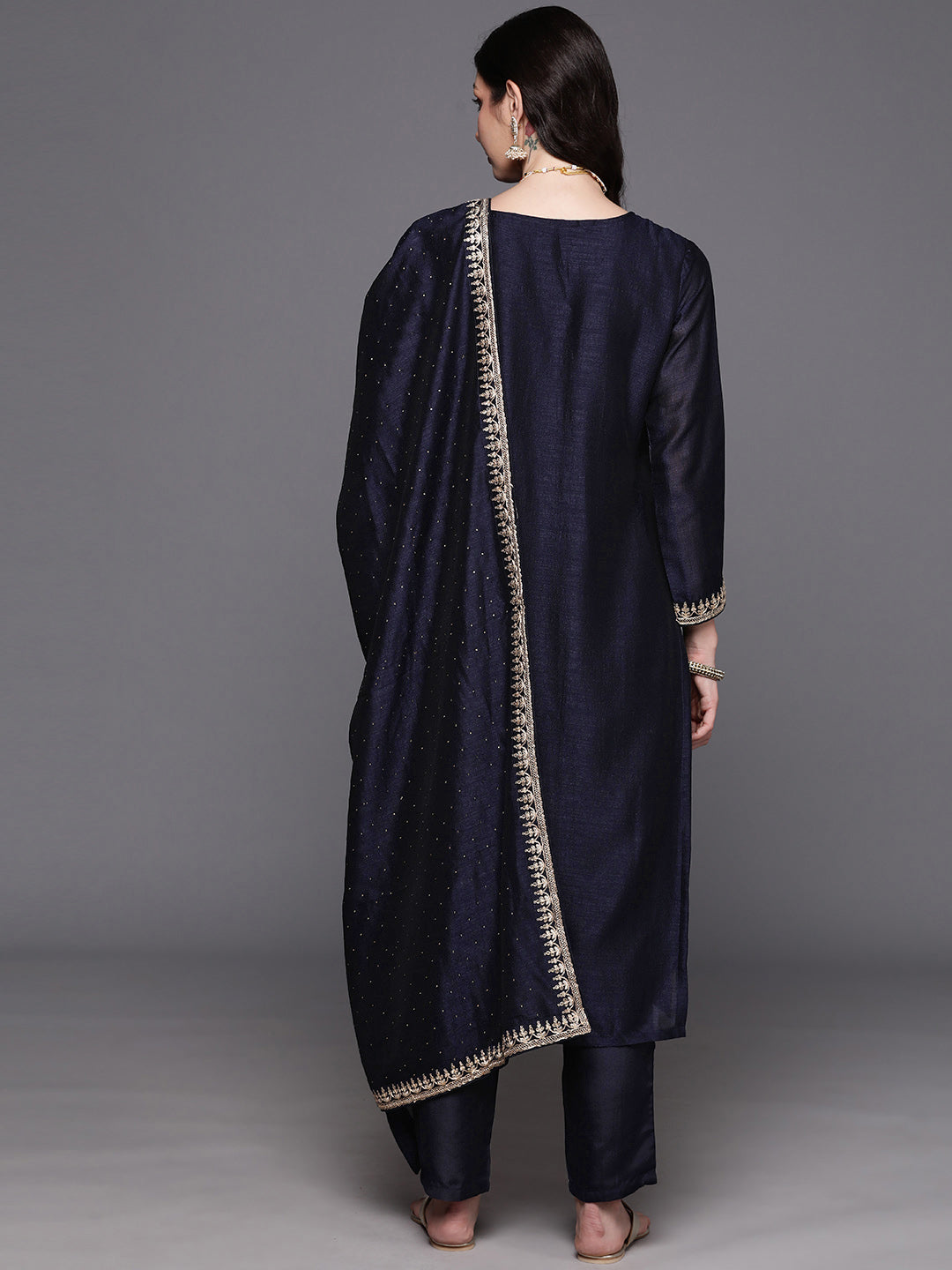 IE Navy Blue Embroidered Straight Kurta Trousers With Dupatta  Set