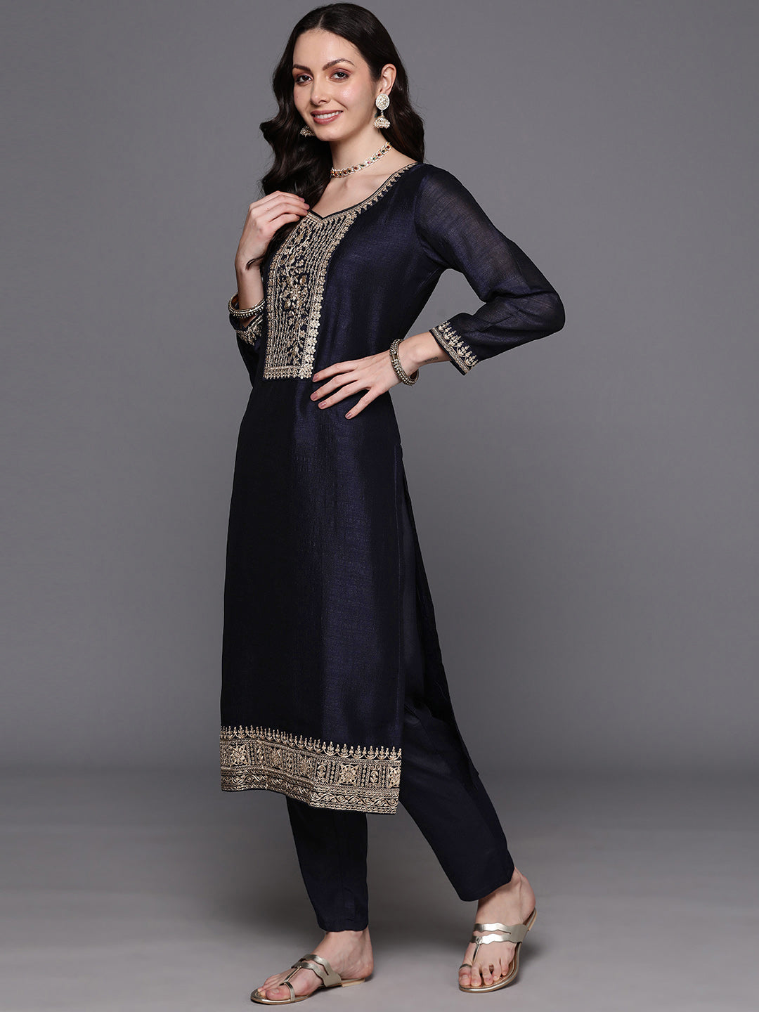 IE Navy Blue Embroidered Straight Kurta Trousers With Dupatta  Set