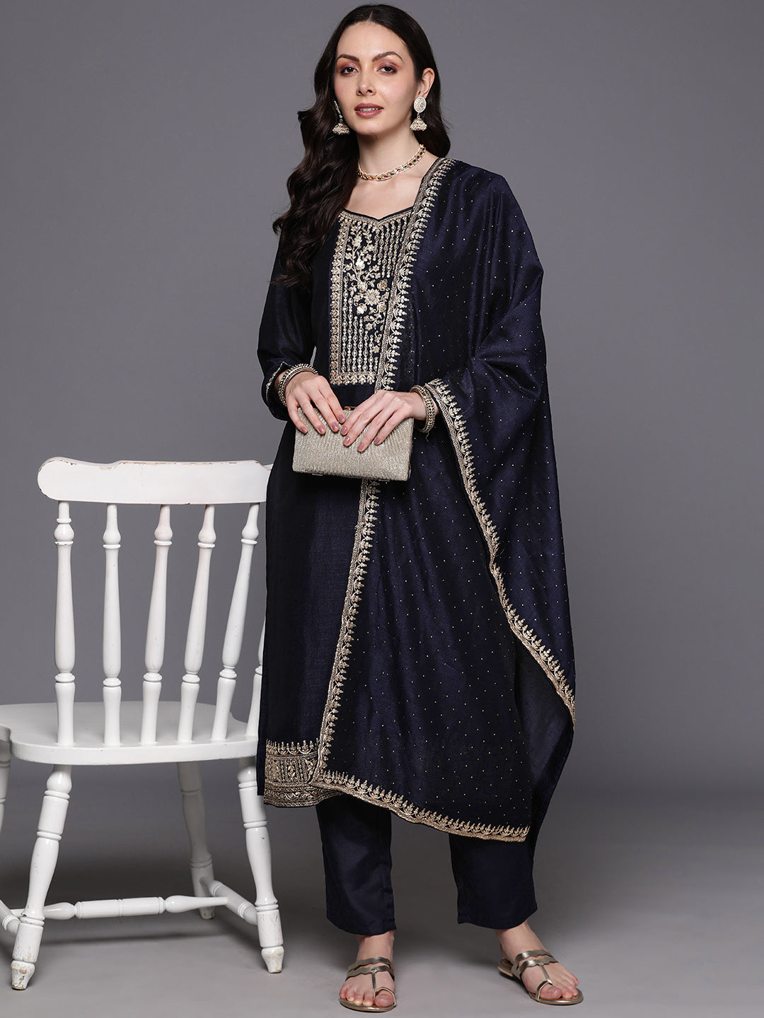 IE Navy Blue Embroidered Straight Kurta Trousers With Dupatta  Set