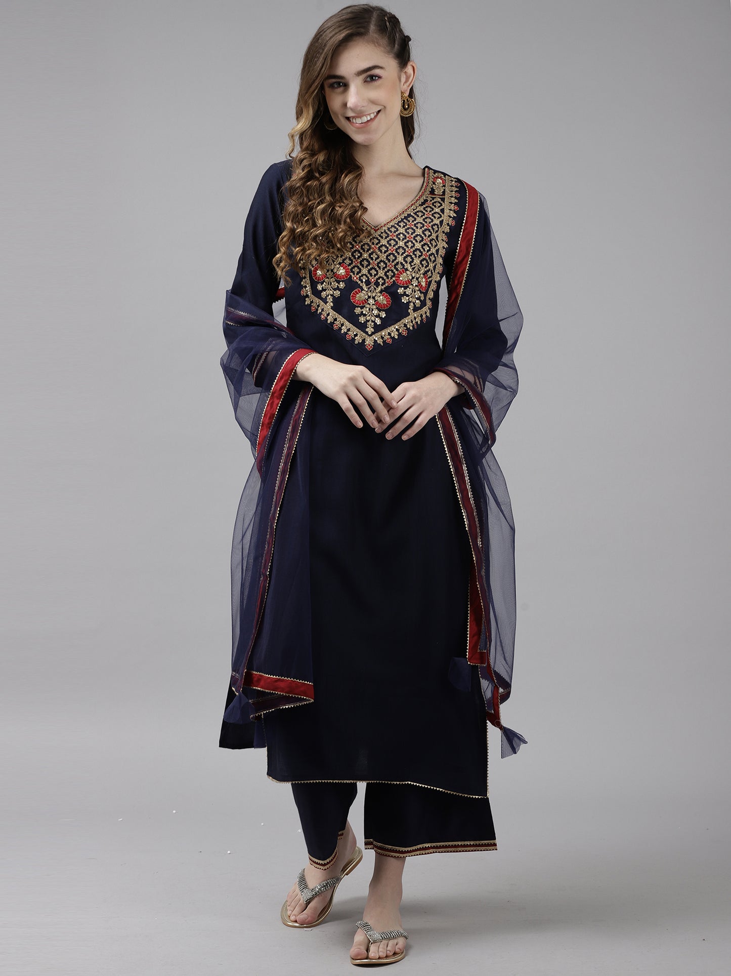 IE Women Navy Blue Ethnic Motifs Yoke Embroidered Kurta with Palazzos & Dupatta