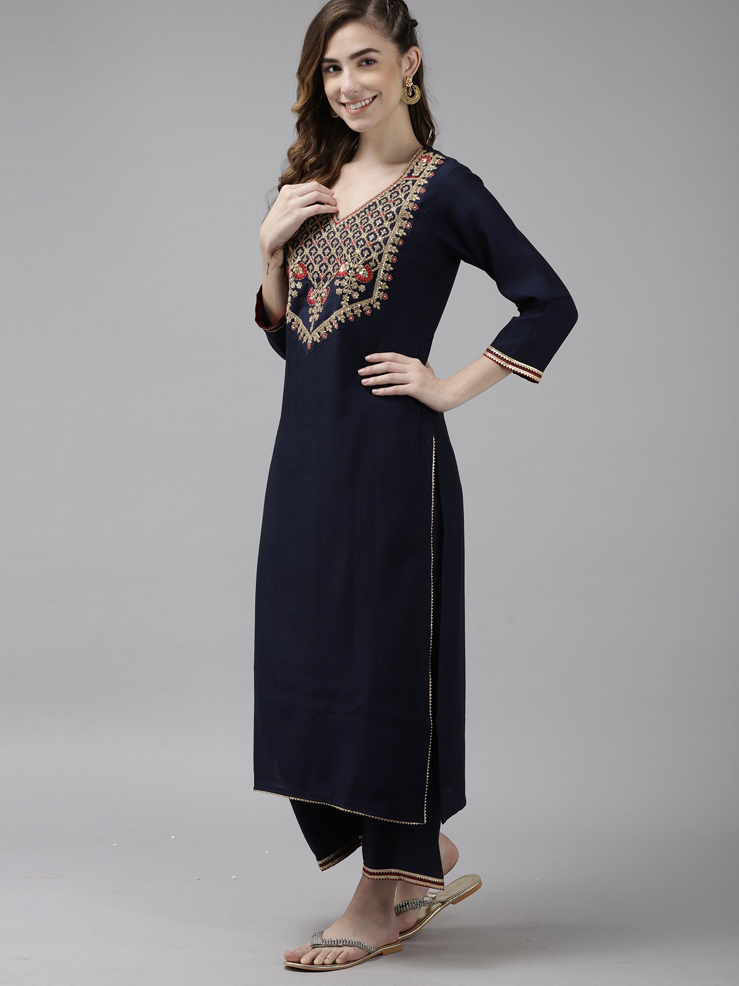 IE Women Navy Blue Ethnic Motifs Yoke Embroidered Kurta with Palazzos & Dupatta