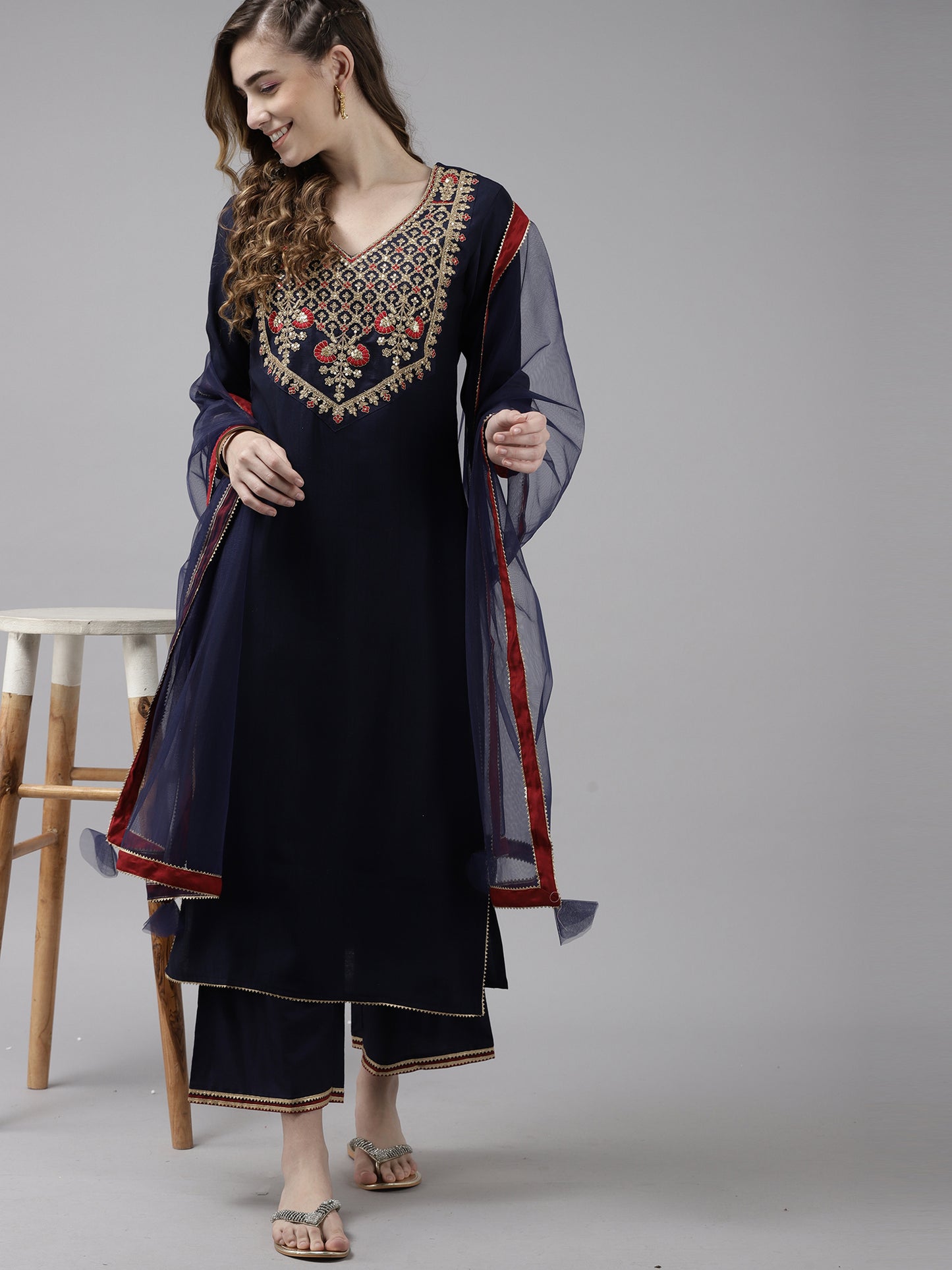 IE Women Navy Blue Ethnic Motifs Yoke Embroidered Kurta with Palazzos & Dupatta