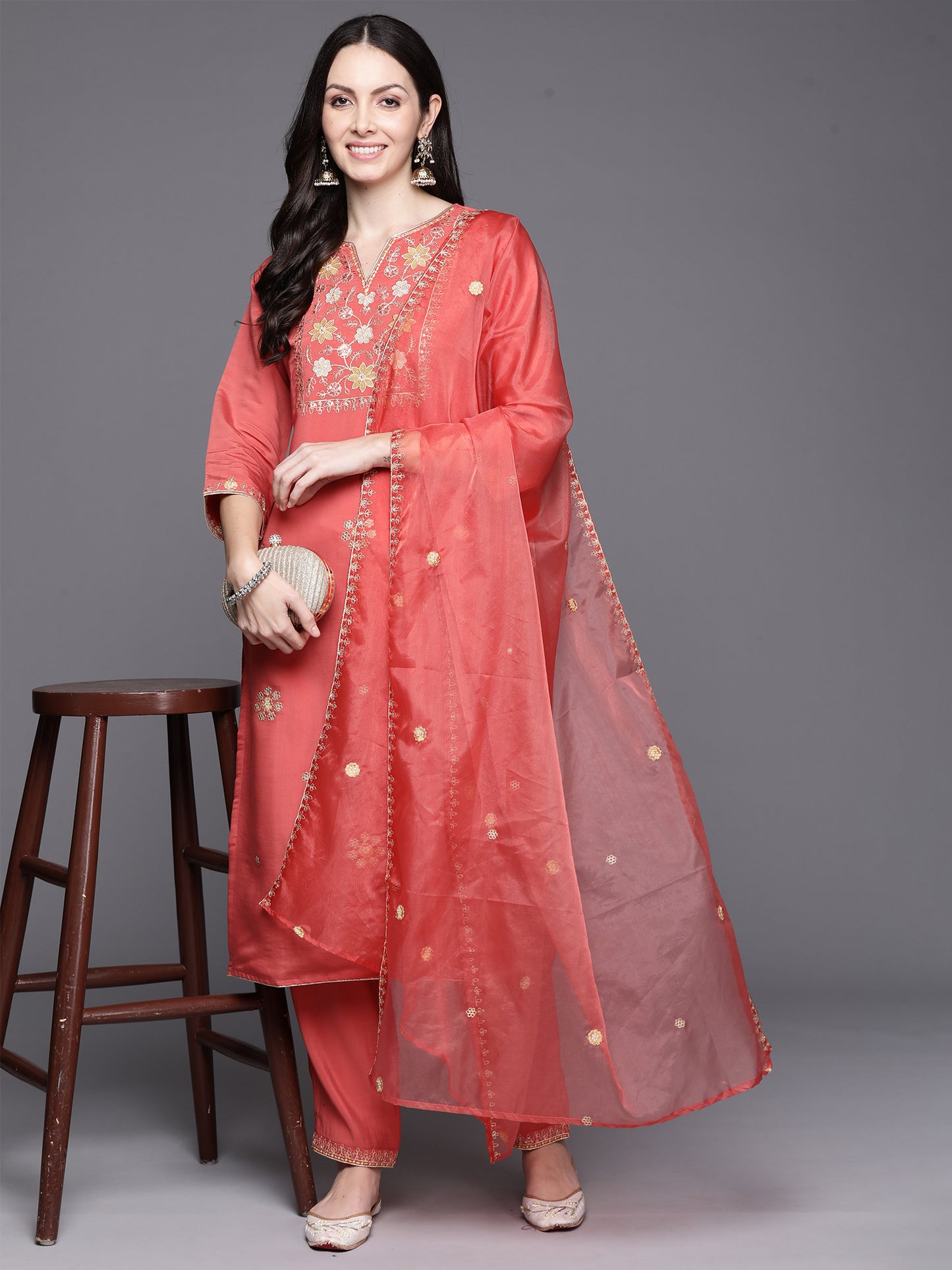 IE Orange Embroidered Straight Kurta Trousers With Dupatta Set