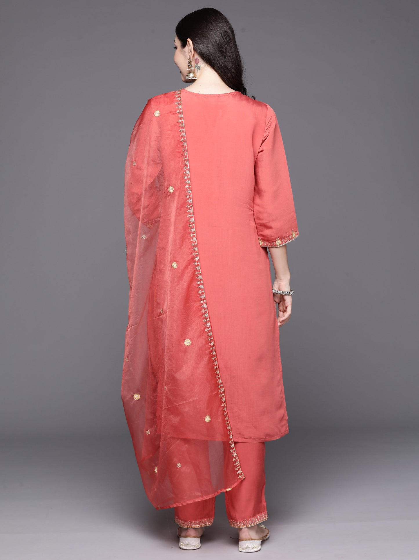 IE Orange Embroidered Straight Kurta Trousers With Dupatta Set