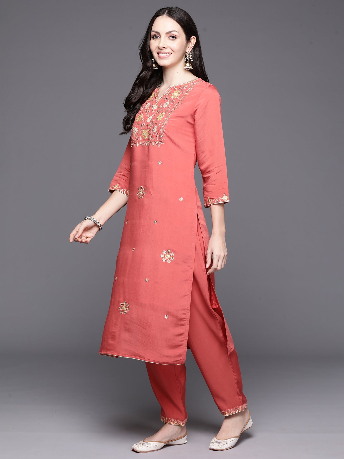 IE Orange Embroidered Straight Kurta Trousers With Dupatta Set