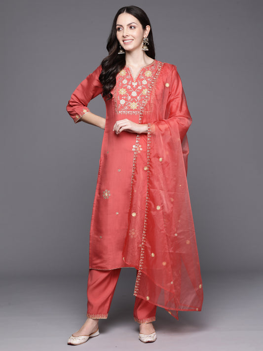 IE Orange Embroidered Straight Kurta Trousers With Dupatta Set