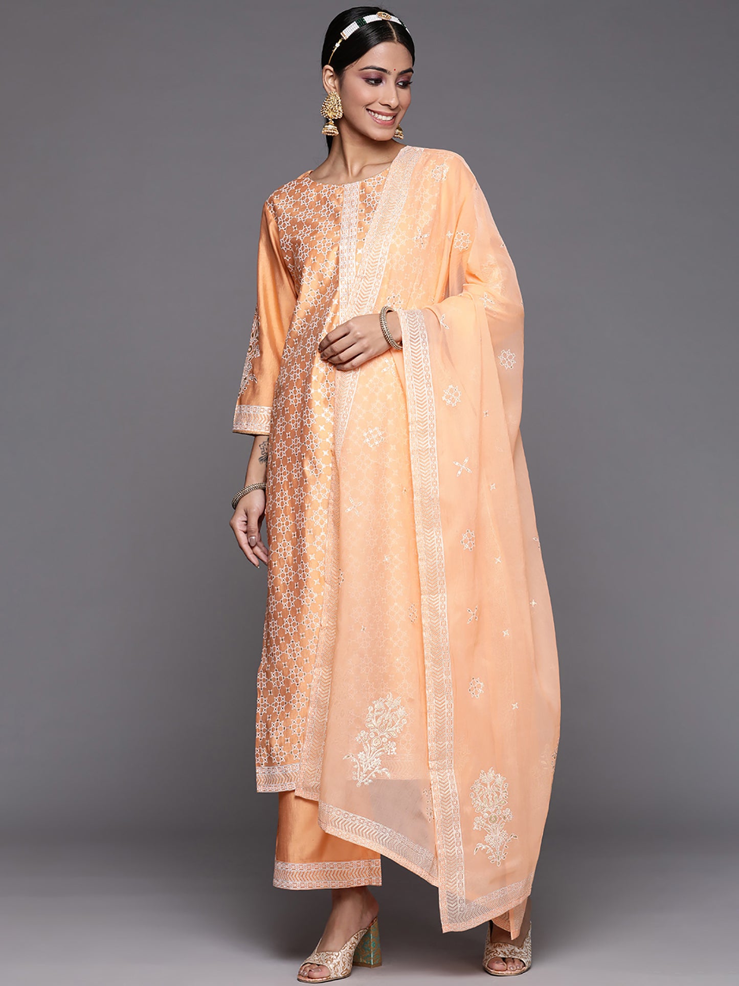 IE Orange Printed Straight Kurta Palazzos With Dupatta Set