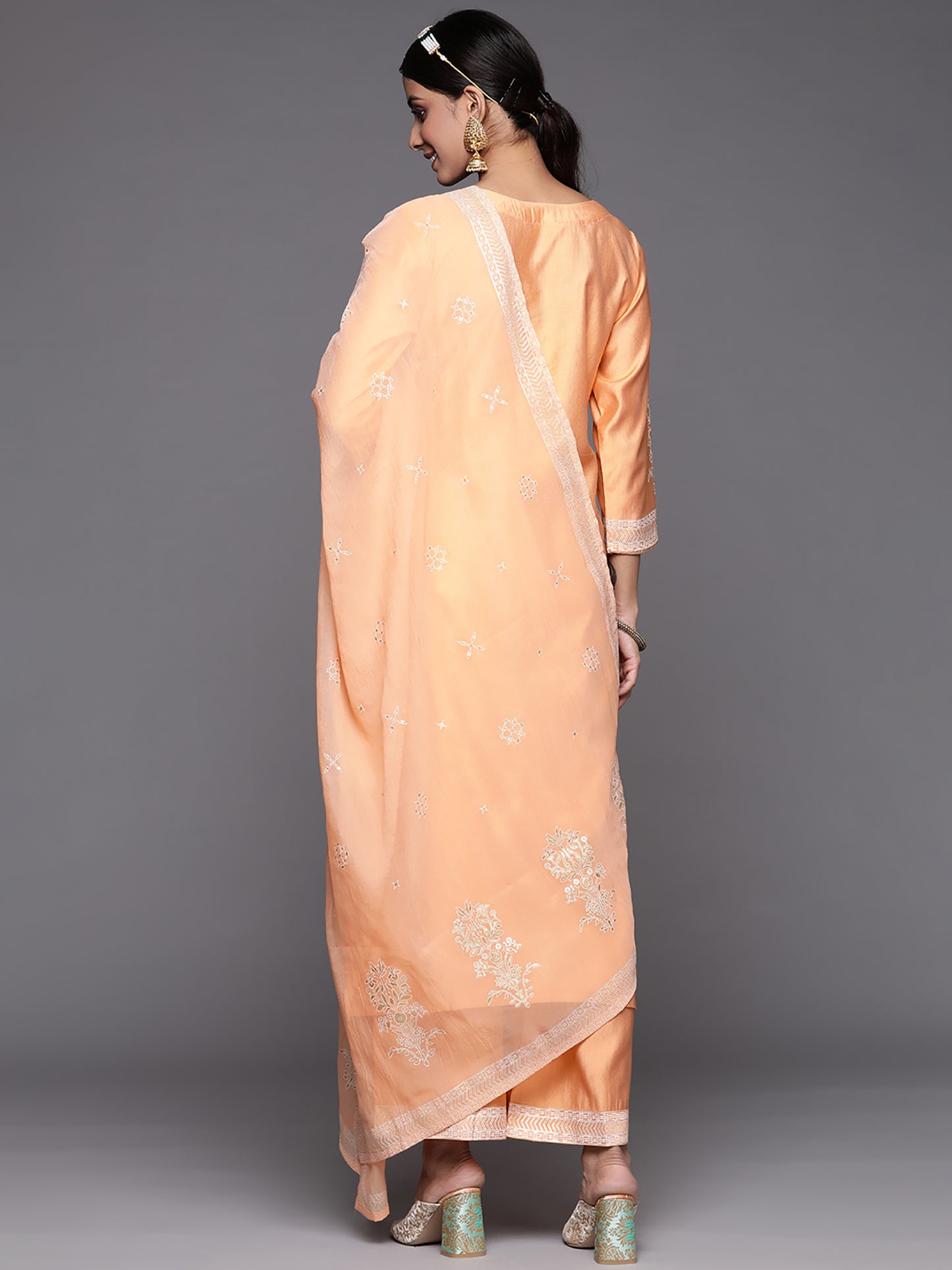 IE Orange Printed Straight Kurta Palazzos With Dupatta Set