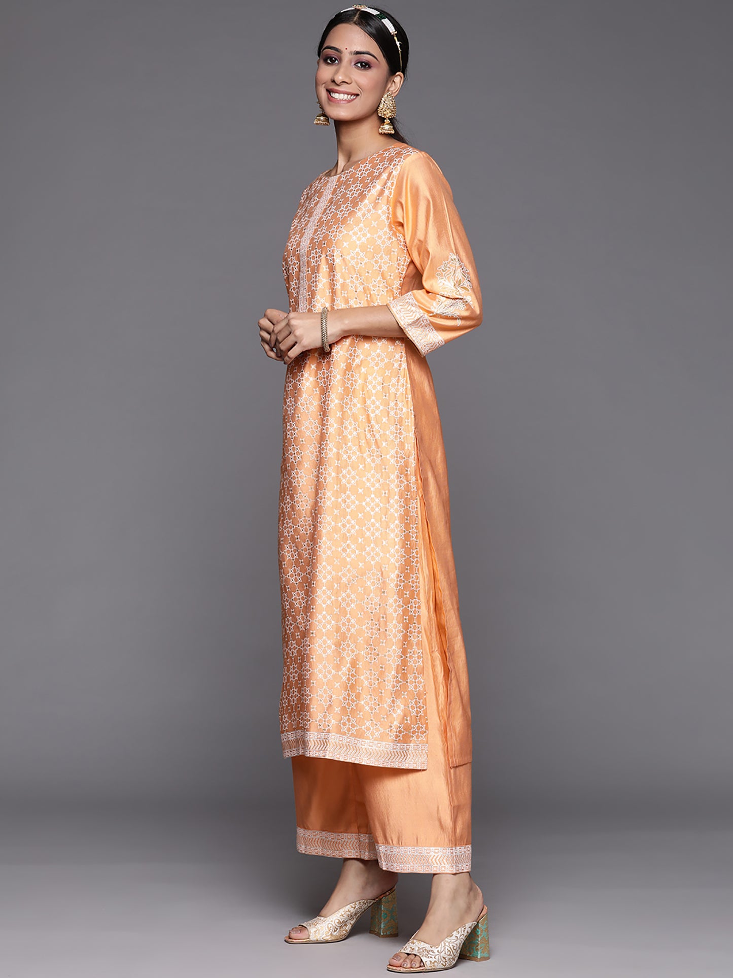 IE Orange Printed Straight Kurta Palazzos With Dupatta Set