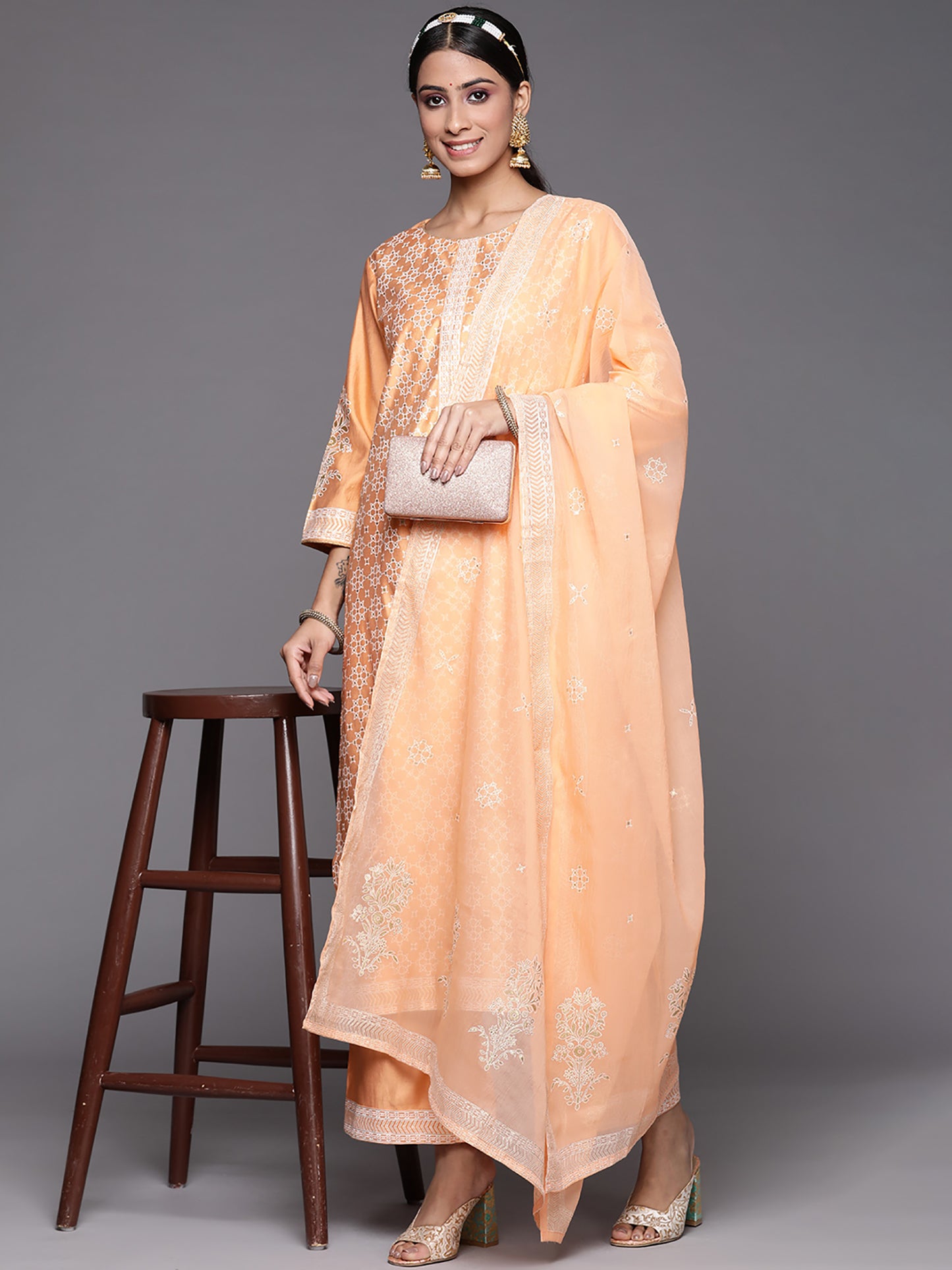 IE Orange Printed Straight Kurta Palazzos With Dupatta Set